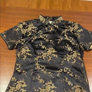 Cheongsam Floor Length Dress Mandarin Collar Side Slits Floral Pattern